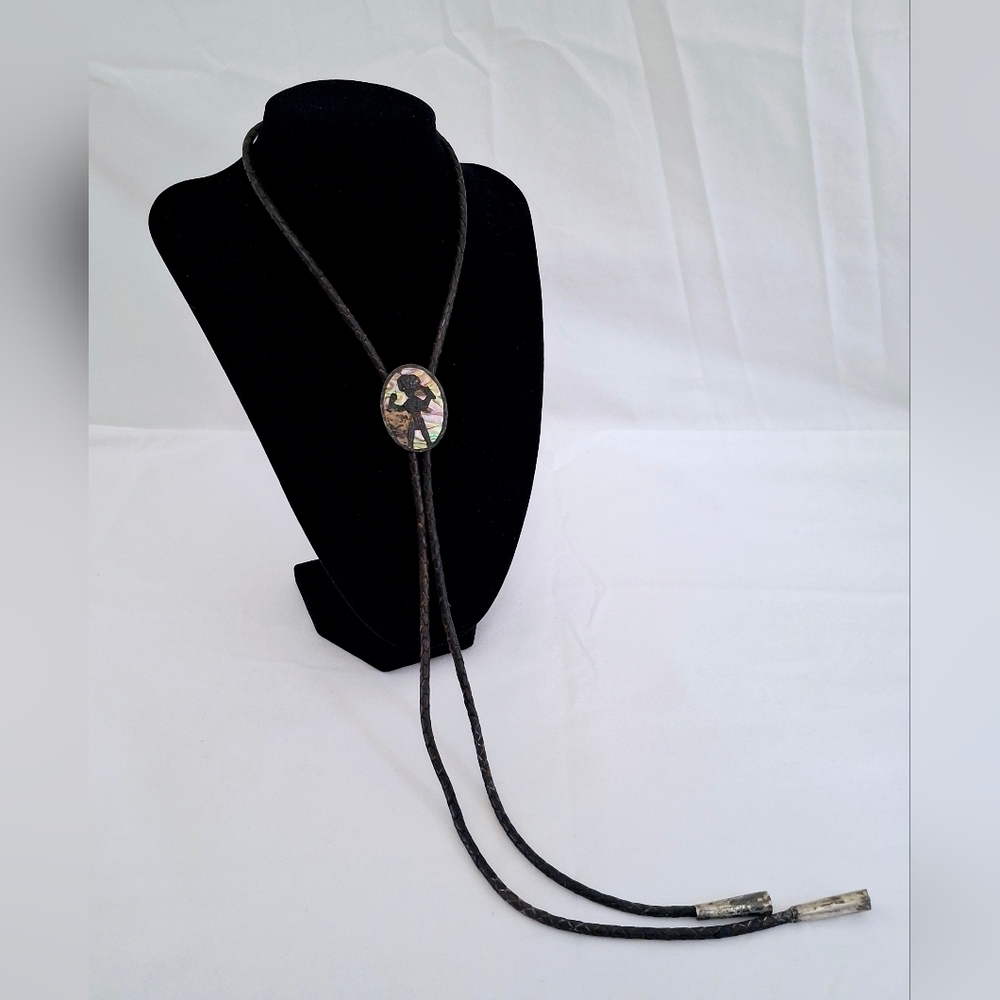 Vintage Native American Sterling Silver Abalone & Leather Bolo Tie - Picture 4 of 13